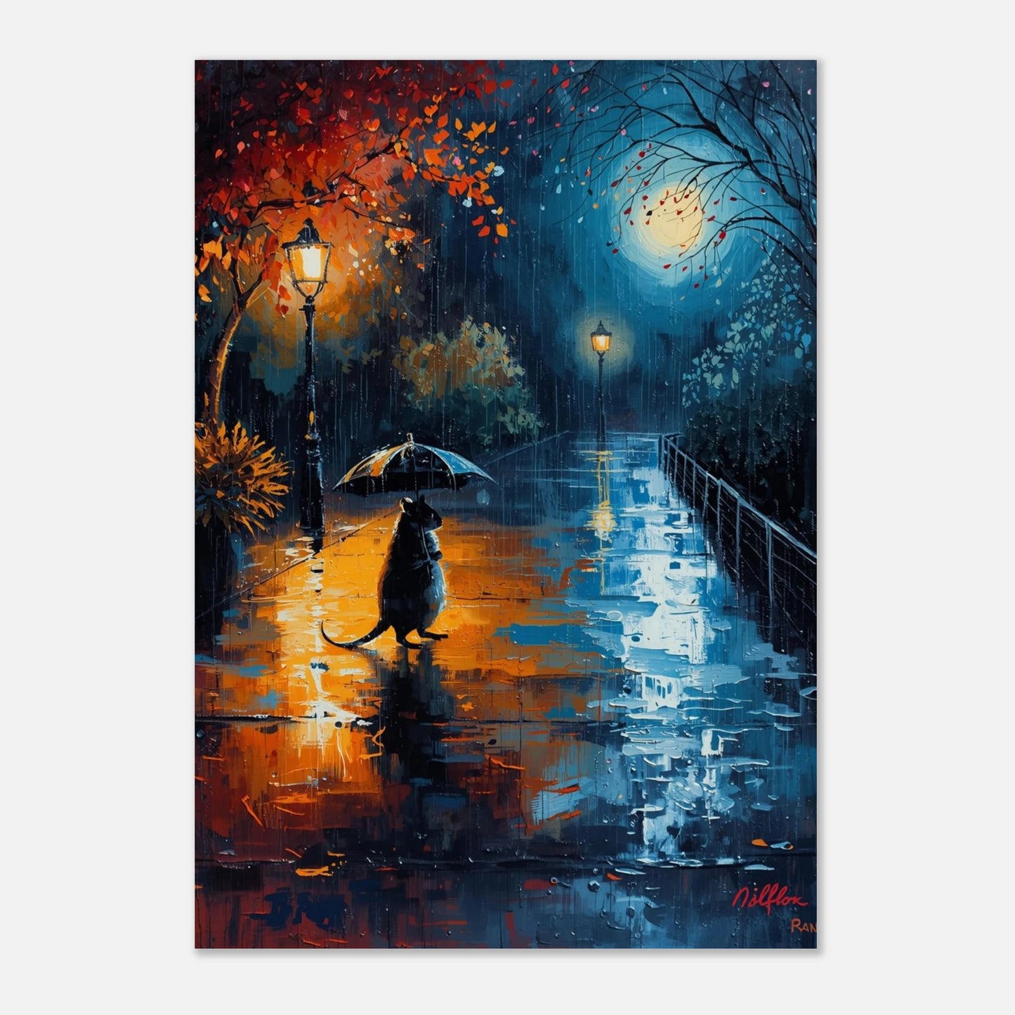 Stämningsfull poster av en råtta med paraply i en glödande höstpark