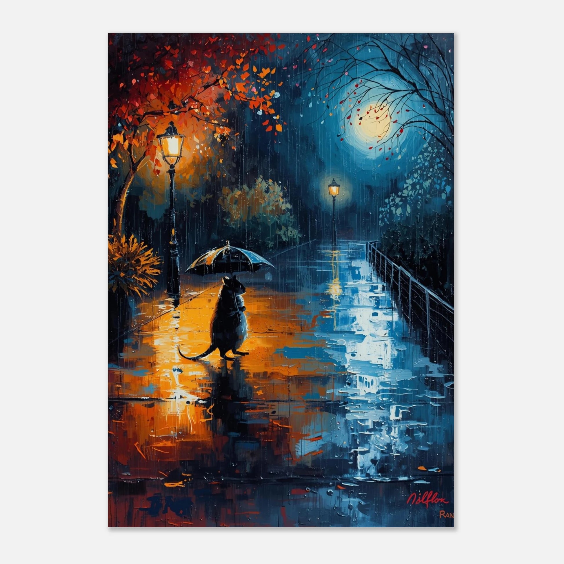 Stämningsfull poster av en råtta med paraply i en glödande höstpark
