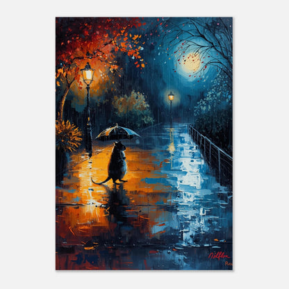 Stämningsfull poster av en råtta med paraply i en glödande höstpark