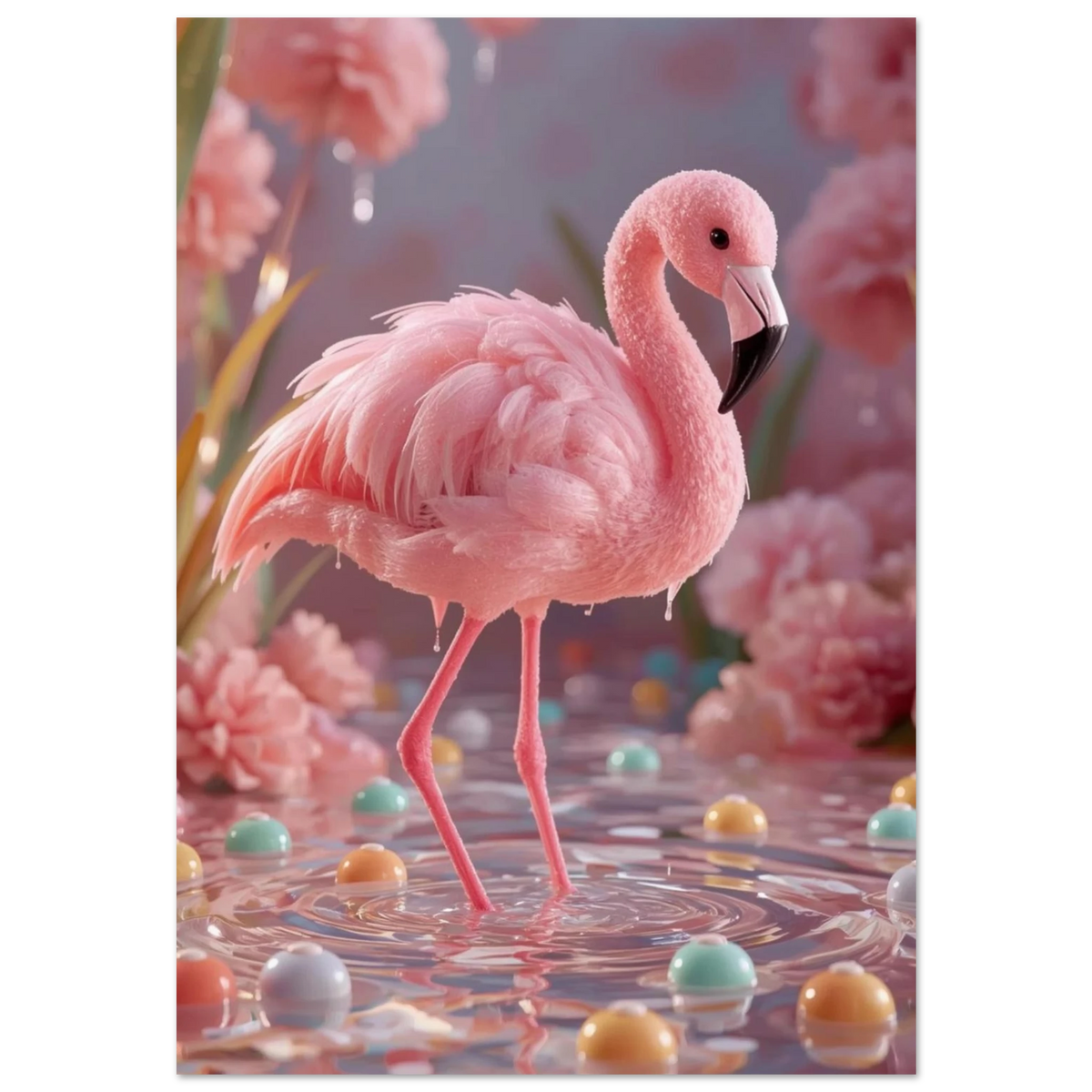 Rosa flamingo av socker i ett pastellfärgat godislandskap – fantasifull djurposter