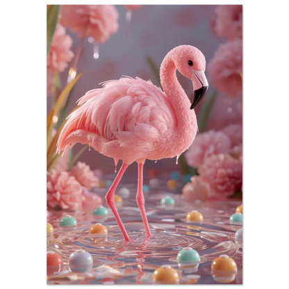 Rosa flamingo av socker i ett pastellfärgat godislandskap – fantasifull djurposter
