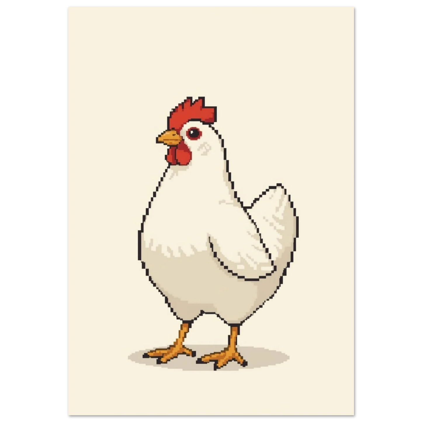 Vit höna i pixelkonst med röd kam mot beige bakgrund