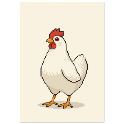 Vit höna i pixelkonst med röd kam mot beige bakgrund
