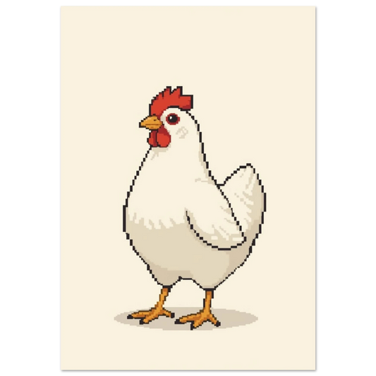 Vit höna i pixelkonst med röd kam mot beige bakgrund