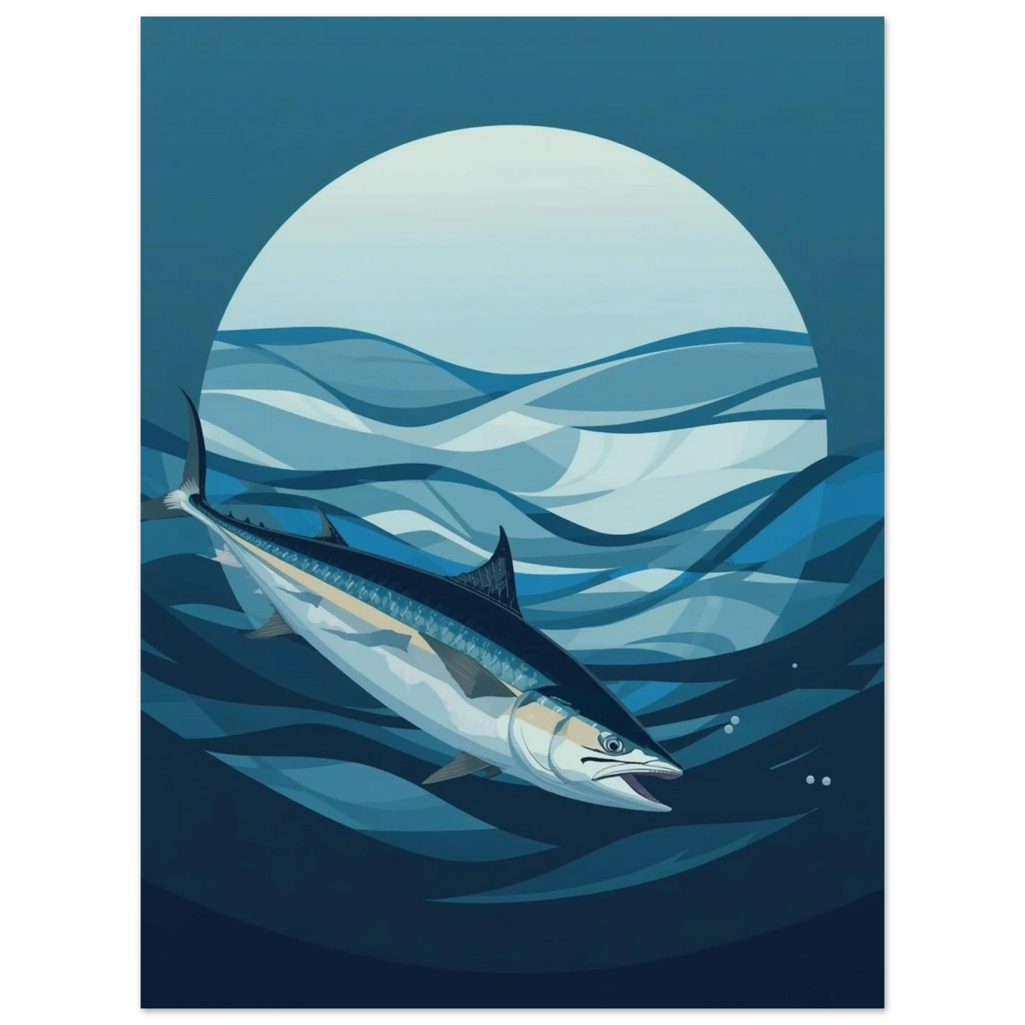 Blå djurposter med fiskmotiv och geometriska vågor i modern stil