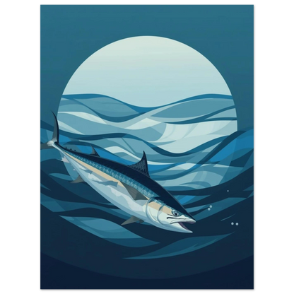 Blå djurposter med fiskmotiv och geometriska vågor i modern stil