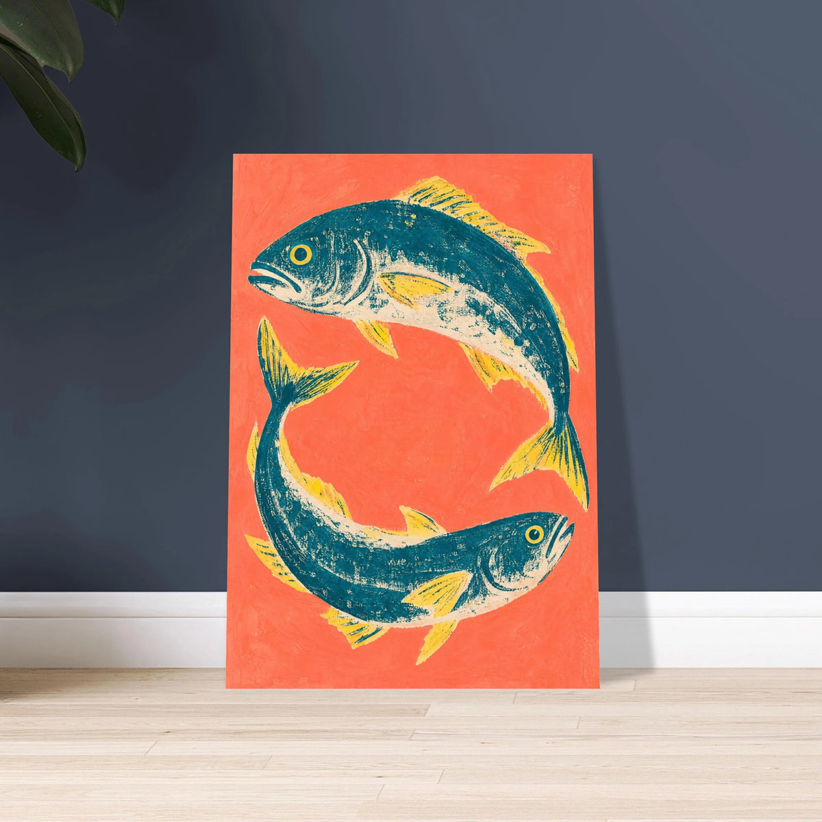 Tonfisk i grafisk cirkelkomposition på varm korallfärgad bakgrund
