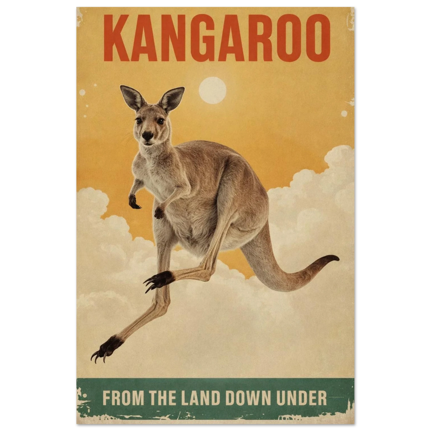 Känguru mot gul bakgrund med texten Kangaroo och From the land down under – Retro poster