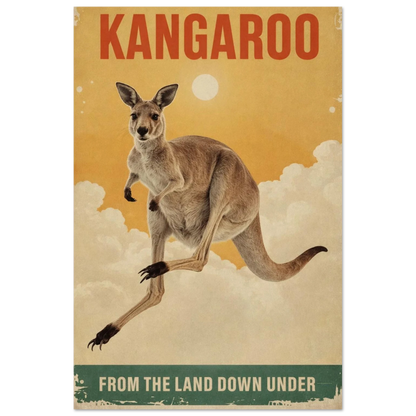 Känguru mot gul bakgrund med texten Kangaroo och From the land down under – Retro poster