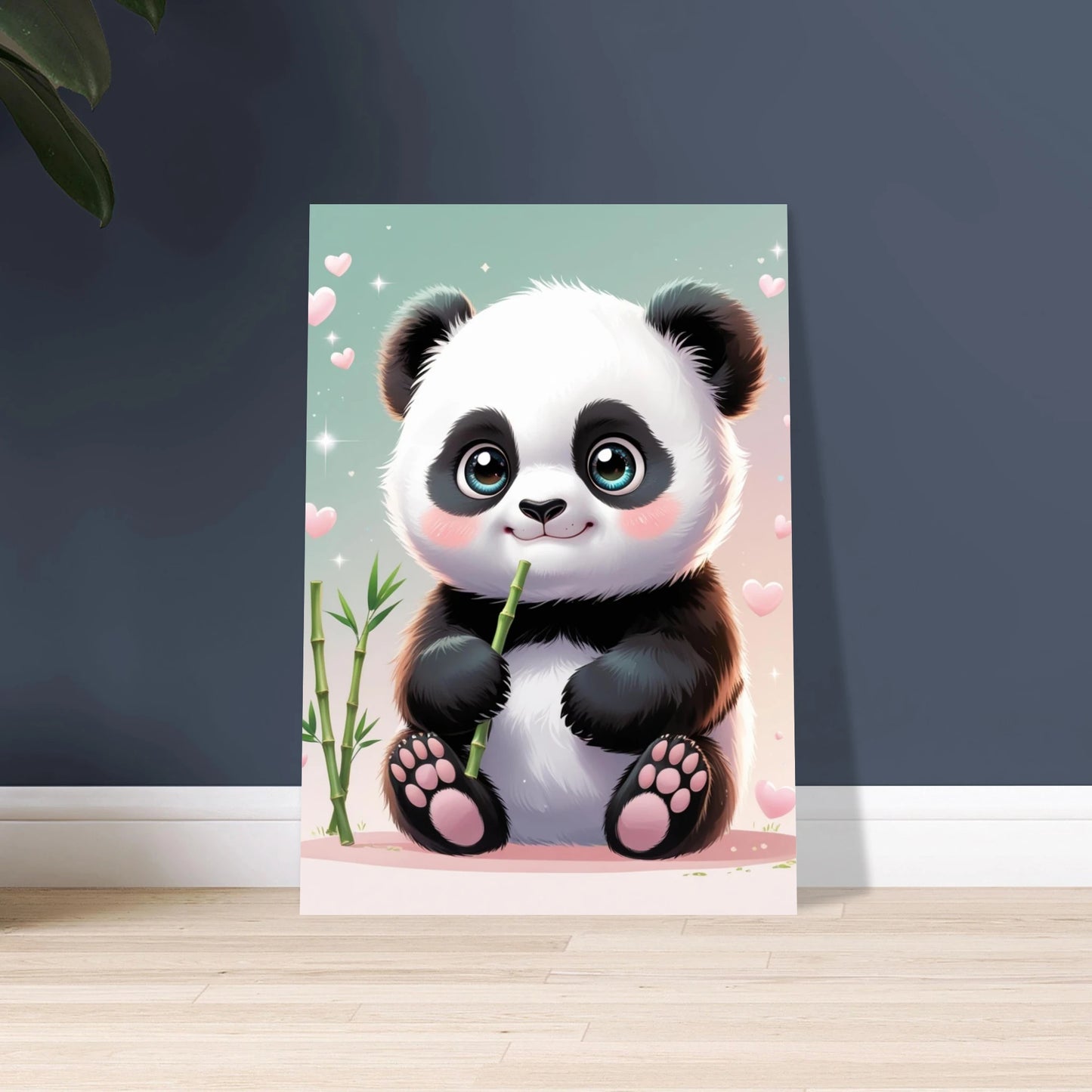 Bedårande baby panda med stora ögon och bambu, omgiven av hjärtan.