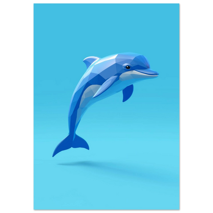 Stiliserad marin djurposter med en lekfull delfin i low-poly konststil
