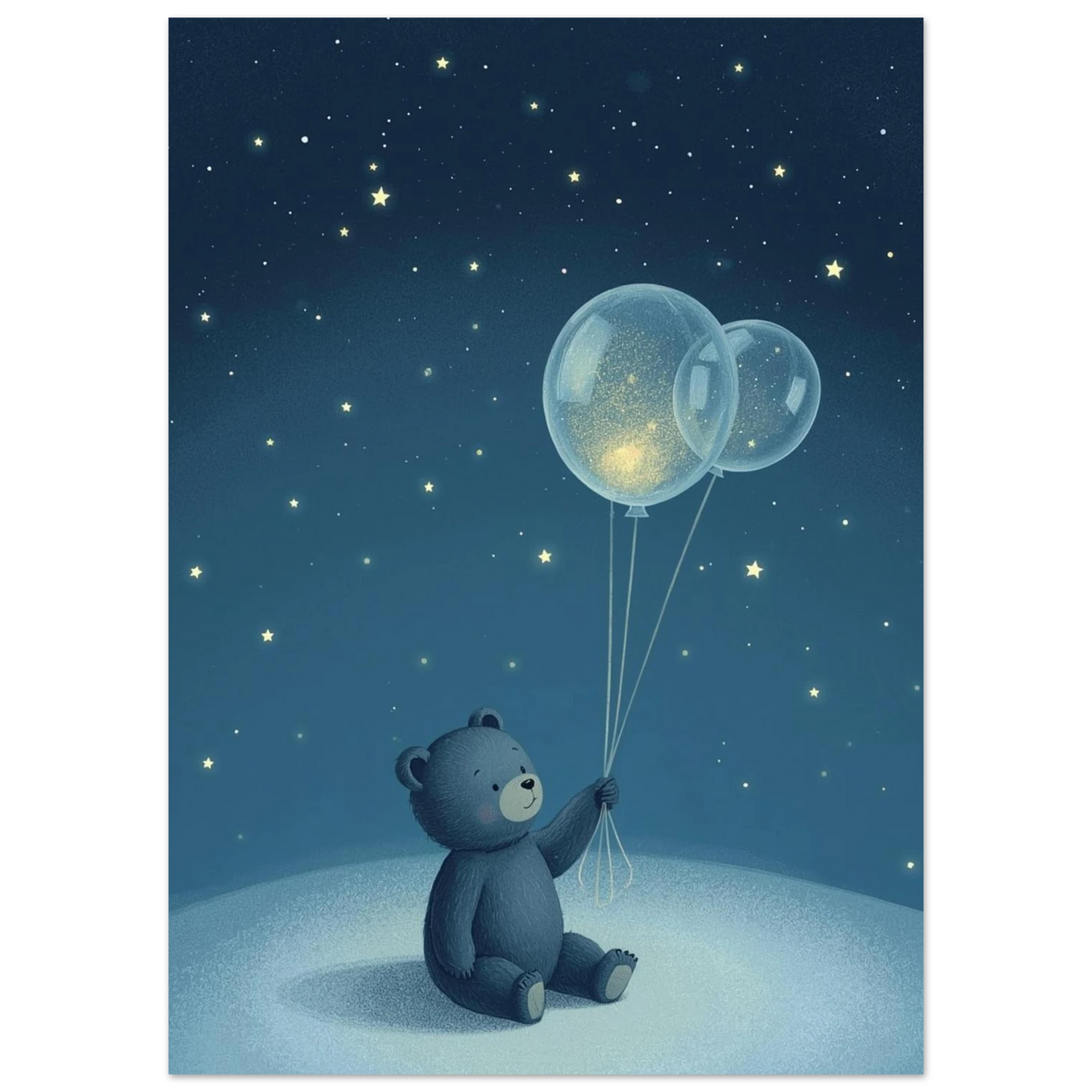 Illustration av liten björn med glittrande ballonger i mörkblå nattmiljö