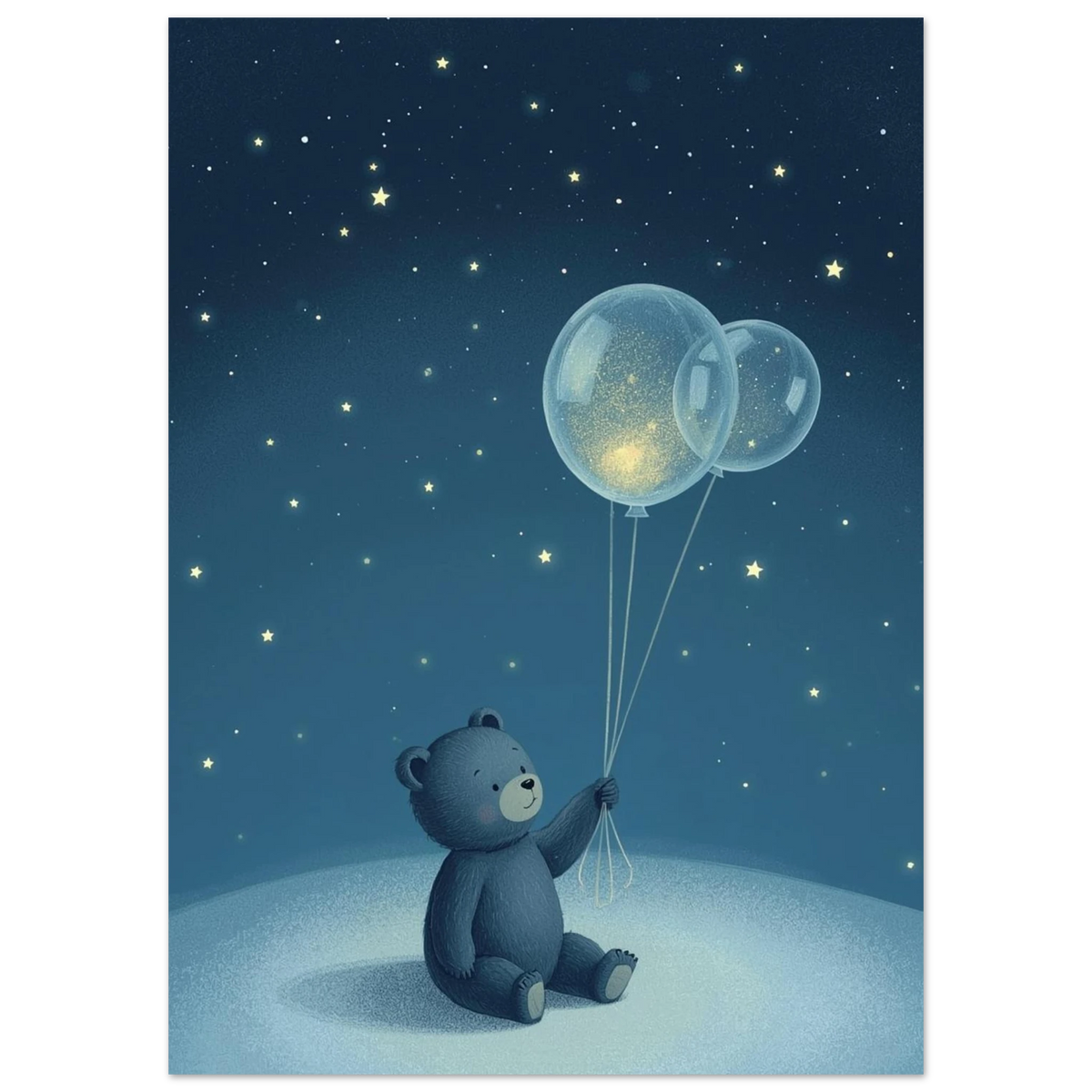 Illustration av liten björn med glittrande ballonger i mörkblå nattmiljö
