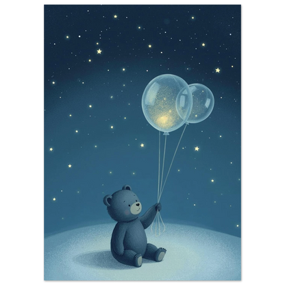 Illustration av liten björn med glittrande ballonger i mörkblå nattmiljö