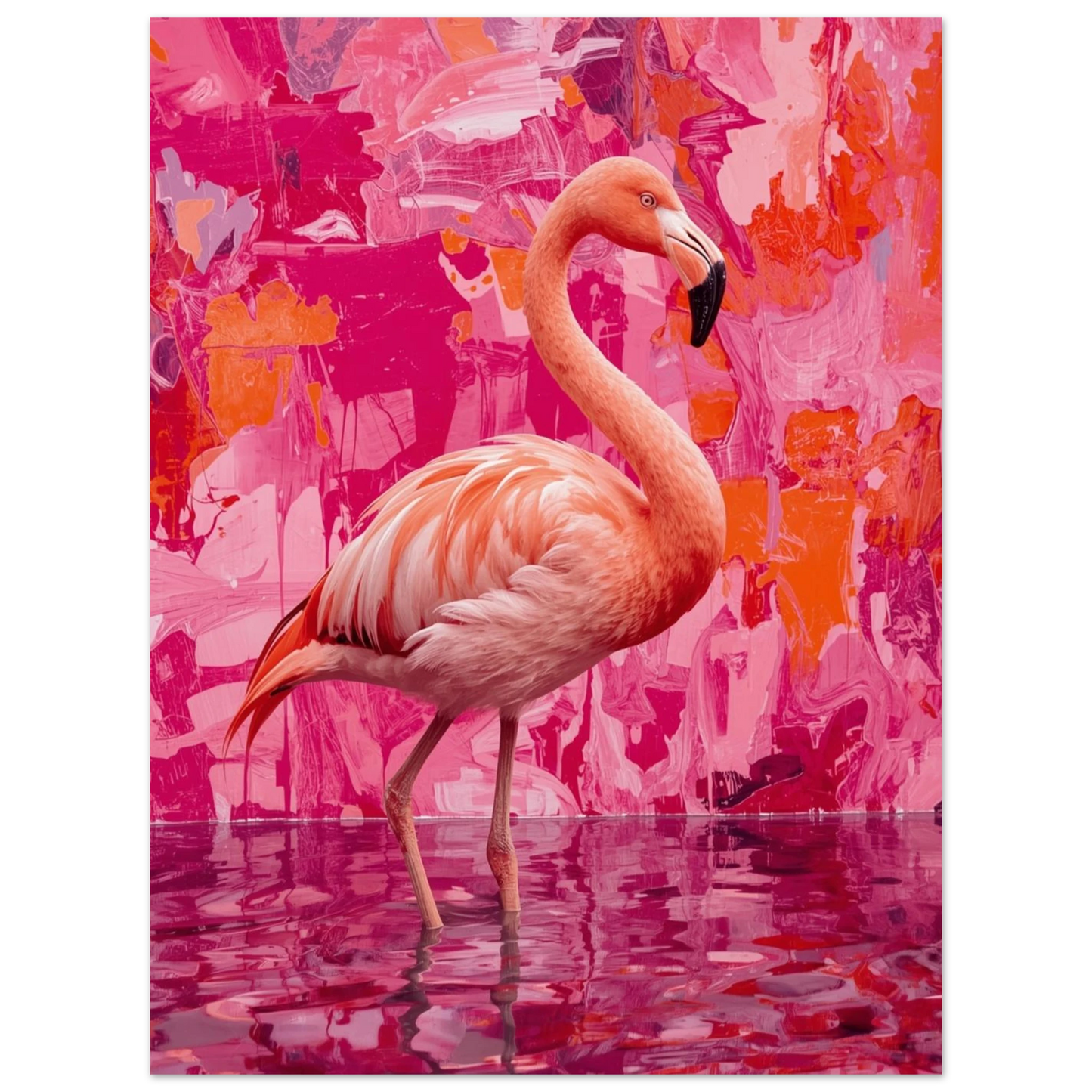 Djurposter med flamingo mot en bakgrund av abstrakta rosa färgklickar