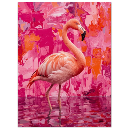 Djurposter med flamingo mot en bakgrund av abstrakta rosa färgklickar