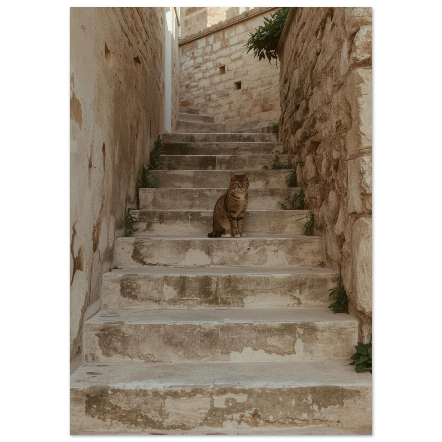 Kattmotiv med medelhavskänsla föreställande en katt på en antik utomhustrappa