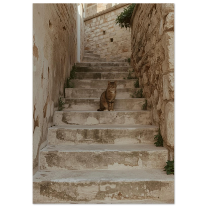 Kattmotiv med medelhavskänsla föreställande en katt på en antik utomhustrappa