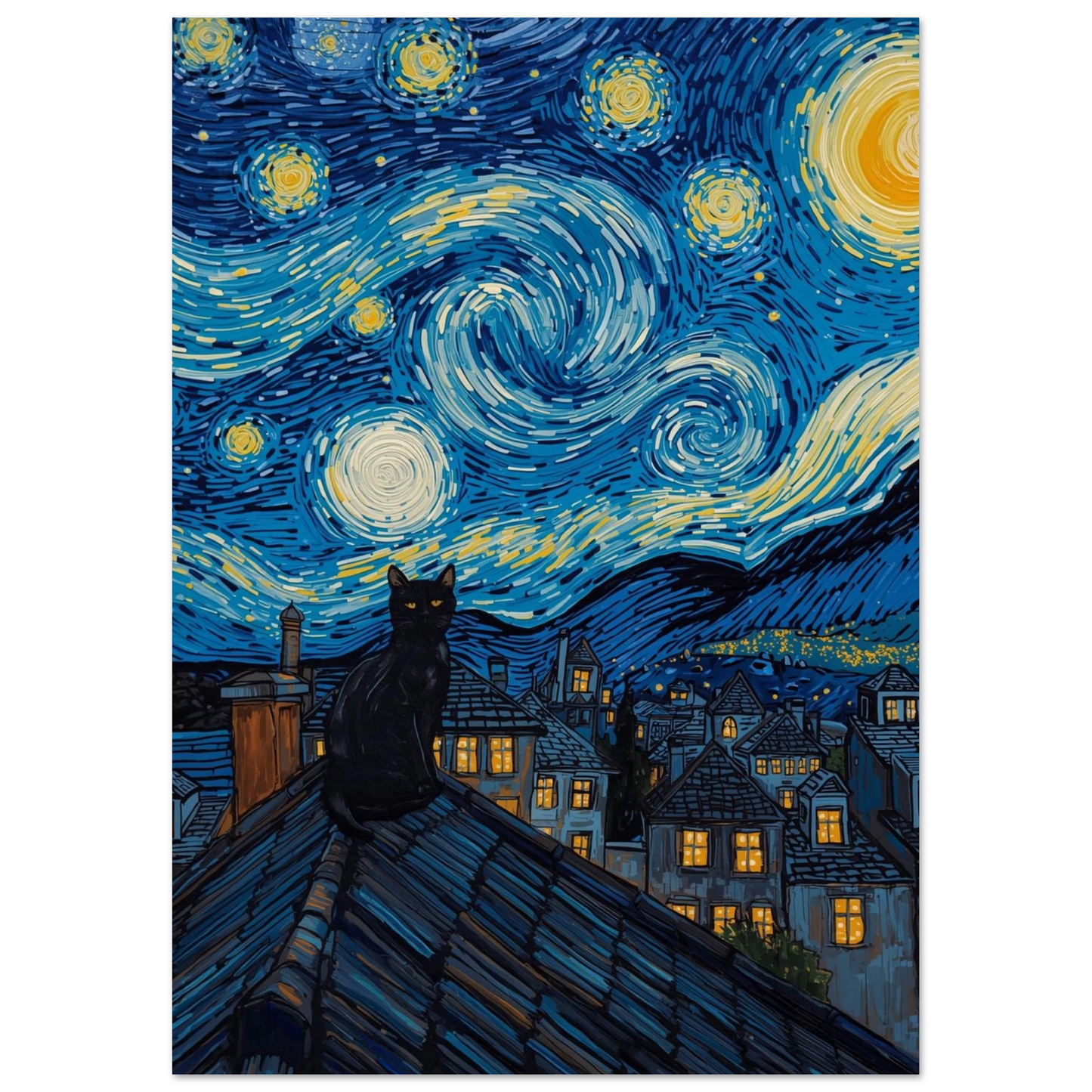 Kattmotiv i Van Gogh-stil med lysande gula stjärnor och nattljus