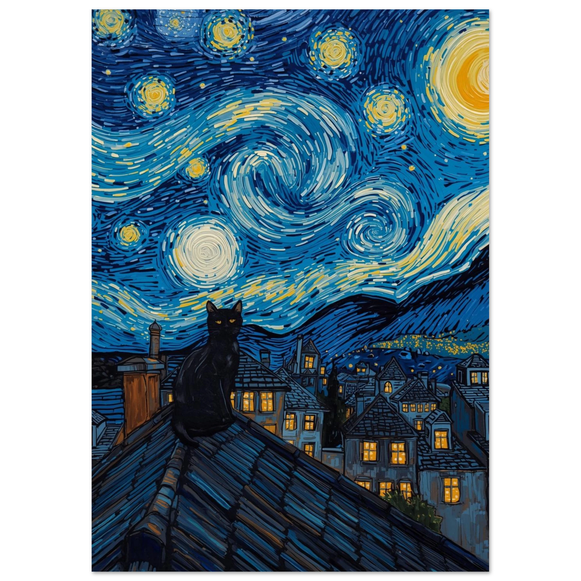 Kattmotiv i Van Gogh-stil med lysande gula stjärnor och nattljus