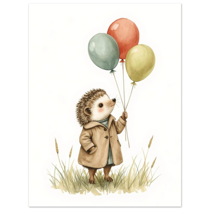 Illustrerad igelkott i vintage-stil med ballonger och beige vinterrock