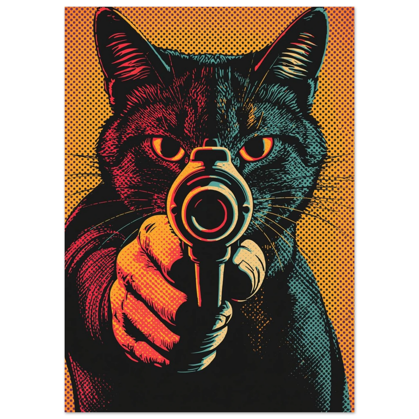 Närbild av kattmotiv som håller en pistol i grafisk illustration