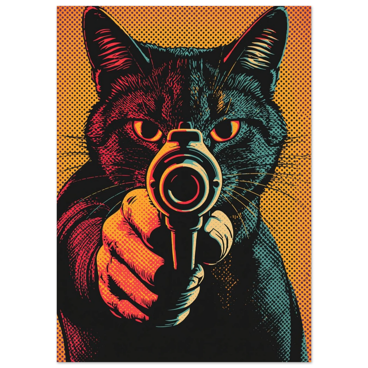 Närbild av kattmotiv som håller en pistol i grafisk illustration