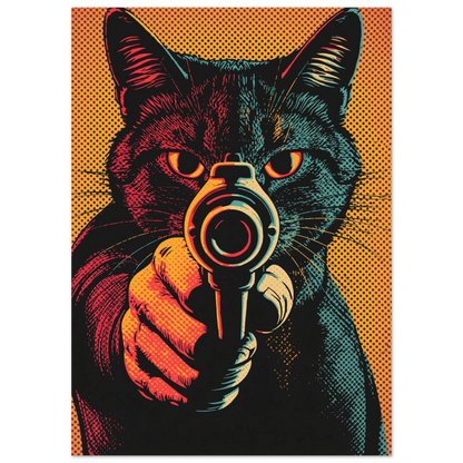 Närbild av kattmotiv som håller en pistol i grafisk illustration