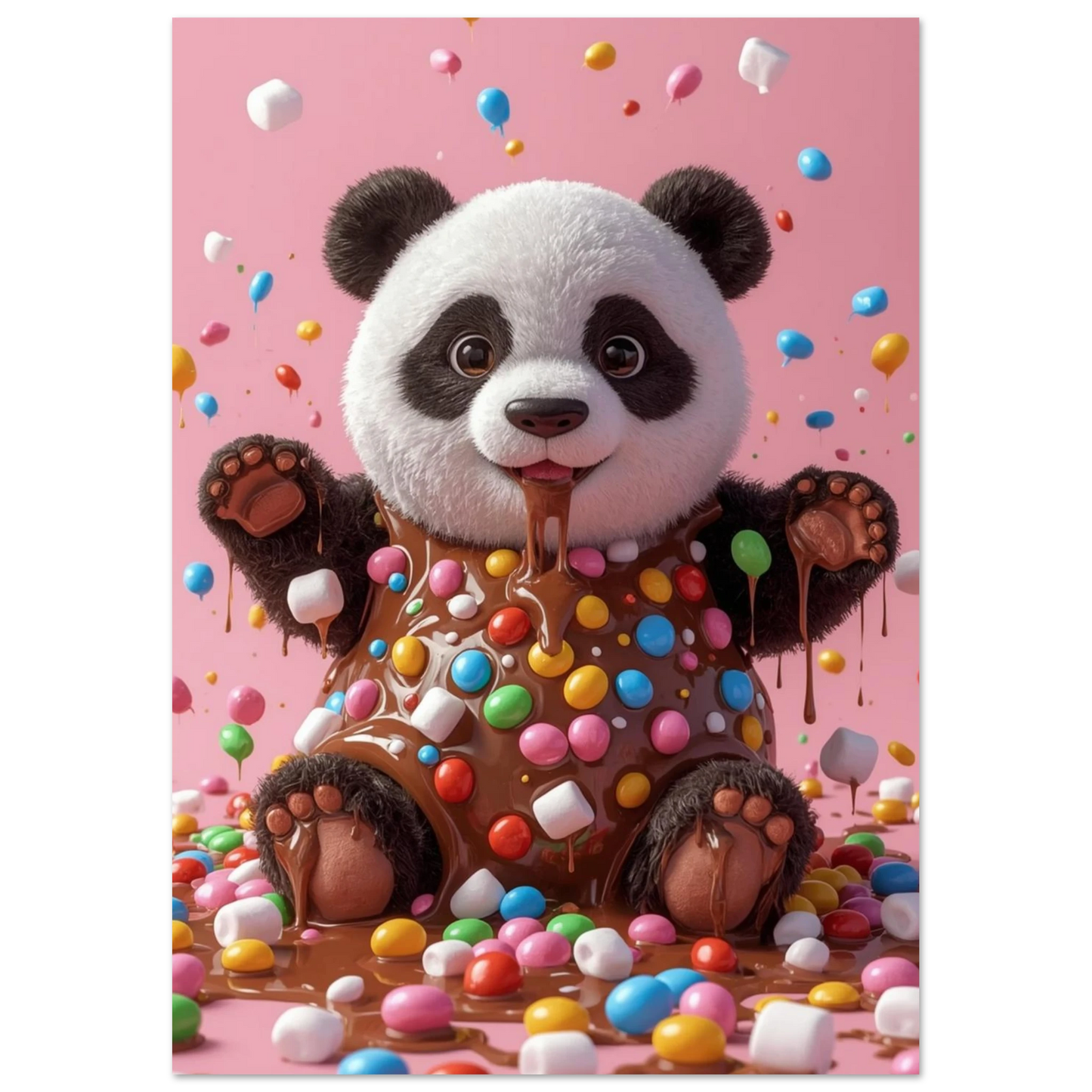 Lekfull djurposter med en panda som badar i chokladsås och pastellfärgat godisregn