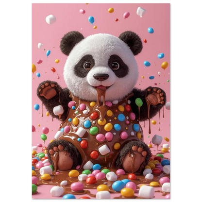 Lekfull djurposter med en panda som badar i chokladsås och pastellfärgat godisregn