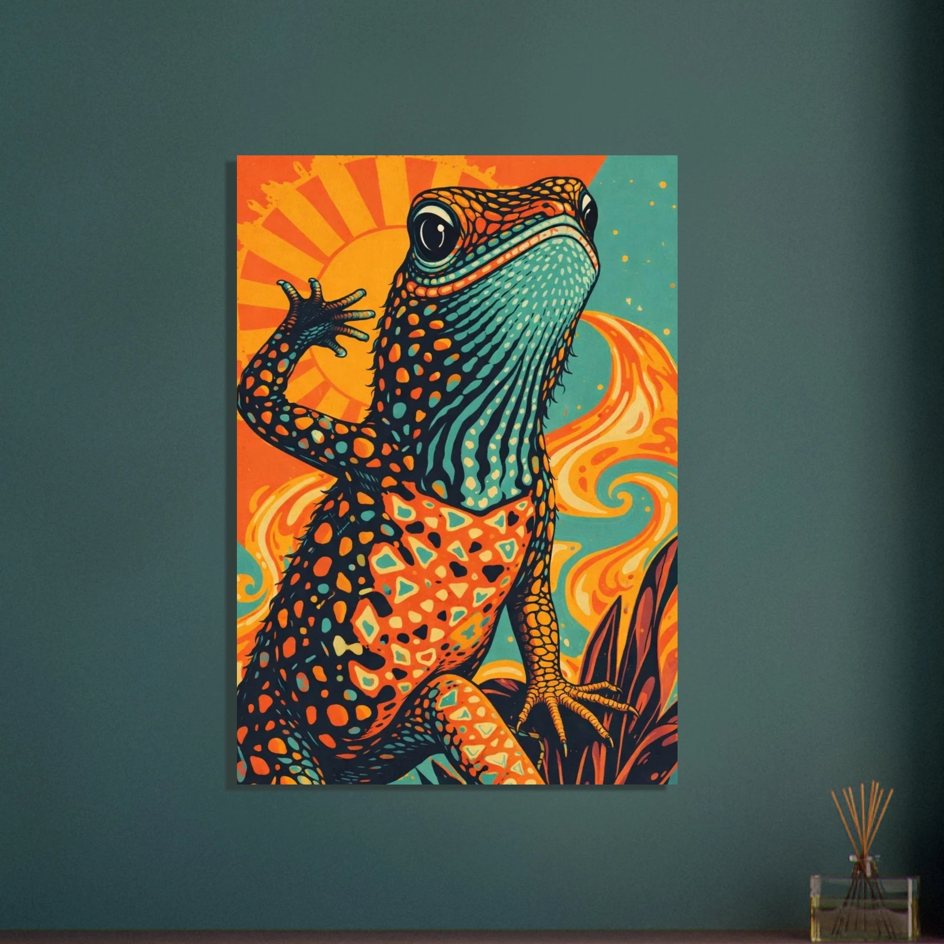 Psykedelisk ödla mot en gul orange himmel med retrokänsla – Retro poster
