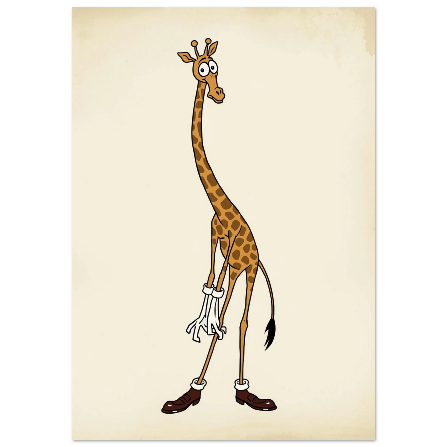 Giraff i retro gummislangs-stil med vita handskar och bruna skor