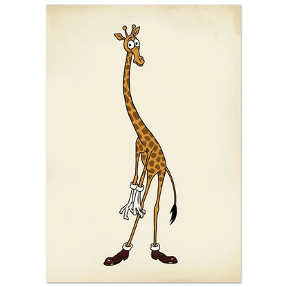 Giraff i retro gummislangs-stil med vita handskar och bruna skor