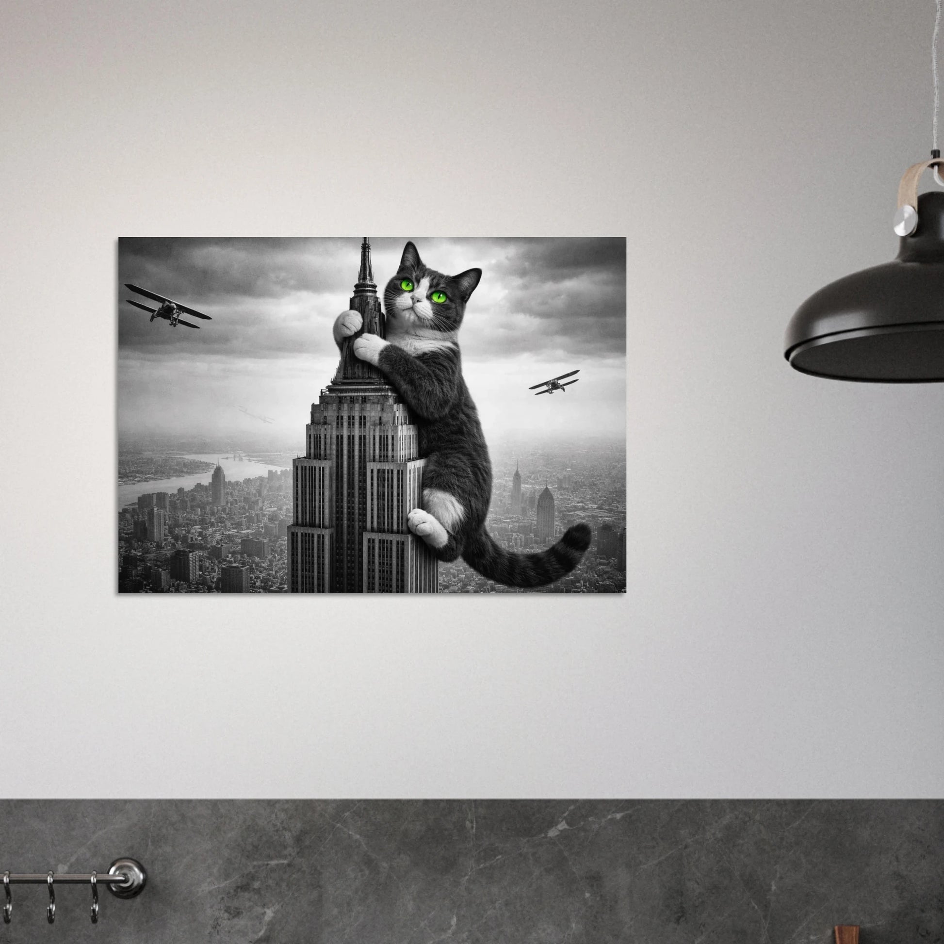 King Cat poster på en vägg ovanför ett mörkt kök med en lampa hängande ovanför – Fotorealistisk poster