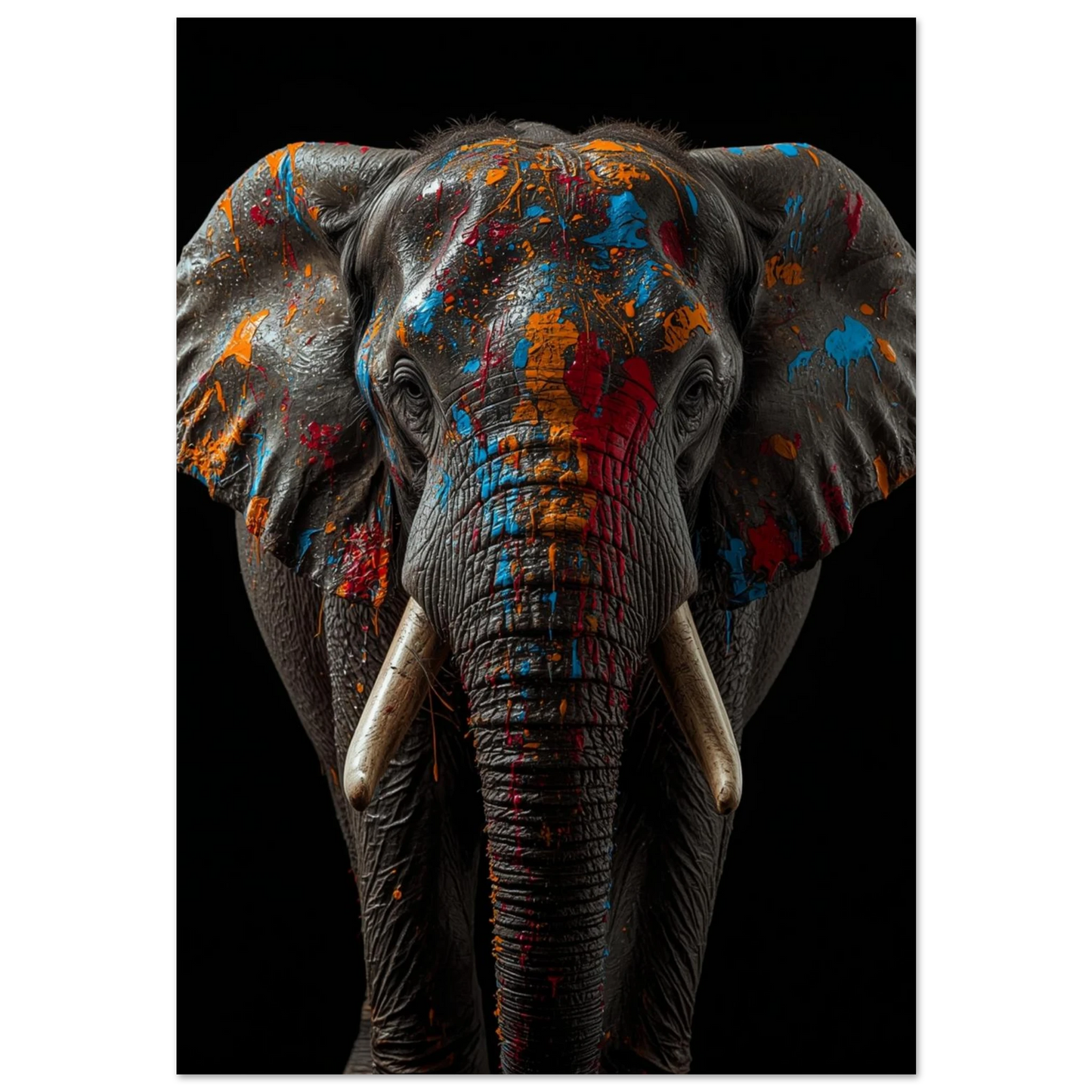Elefant med färgstänk i blått och orange – modern djurposter