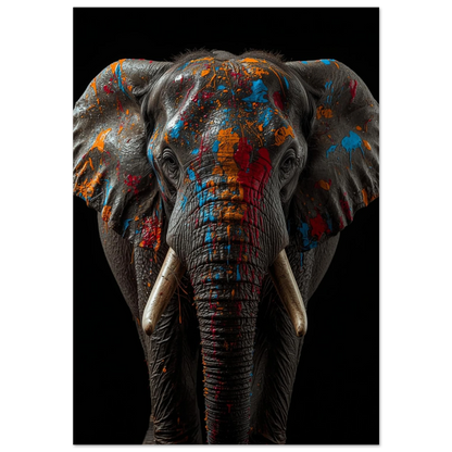 Elefant med färgstänk i blått och orange – modern djurposter