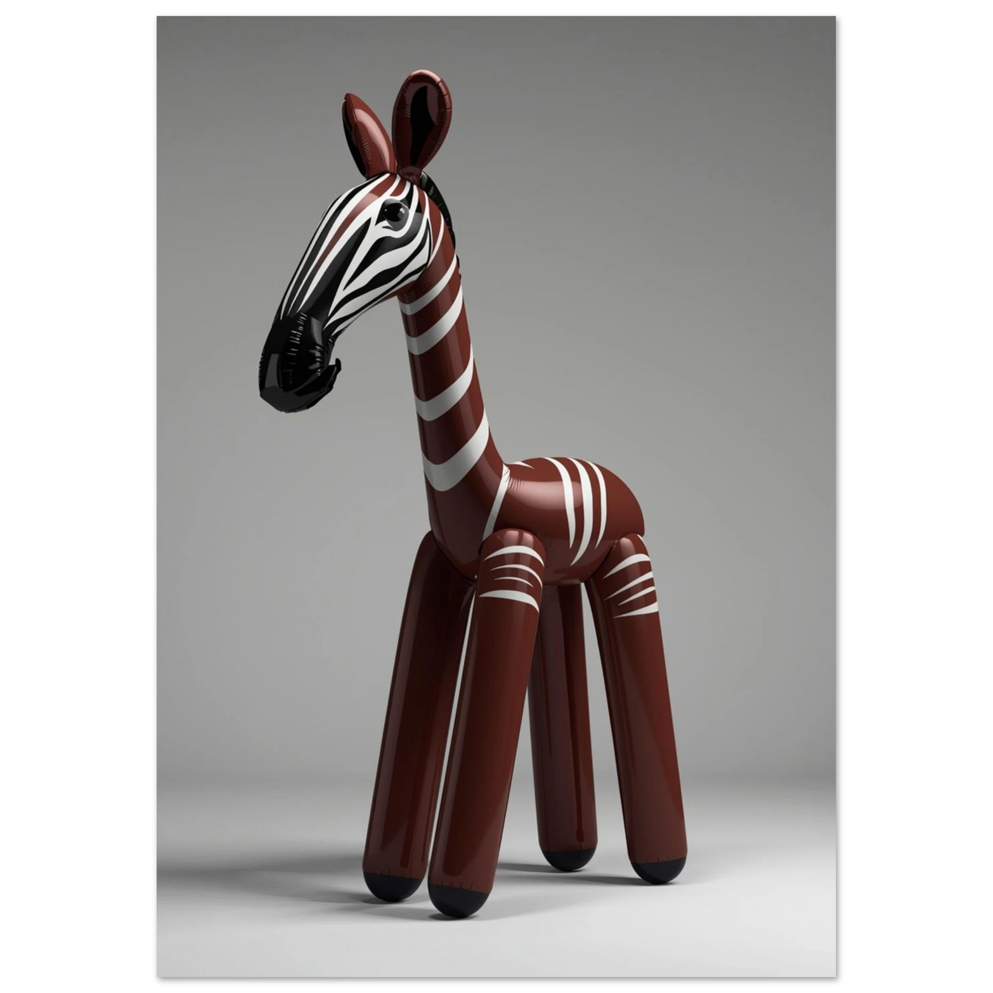 Skulptural brun okapi som uppblåsbar konstform på grå bakgrund