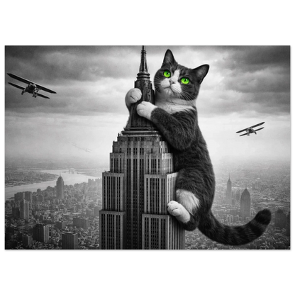 Svartvit katt med gröna ögon klättrar på Empire State Building, med stadssilhuett i bakgrunden – Fotorealistisk poster