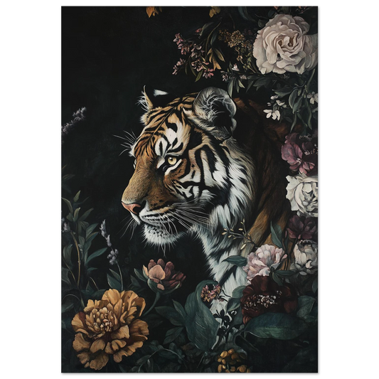 Oljemålning av tiger omgiven av pioner mot svart bakgrund – djurposter