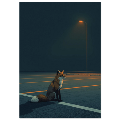 Räv på mörk parkering under orange gatlampa, stämningsfull djurposter