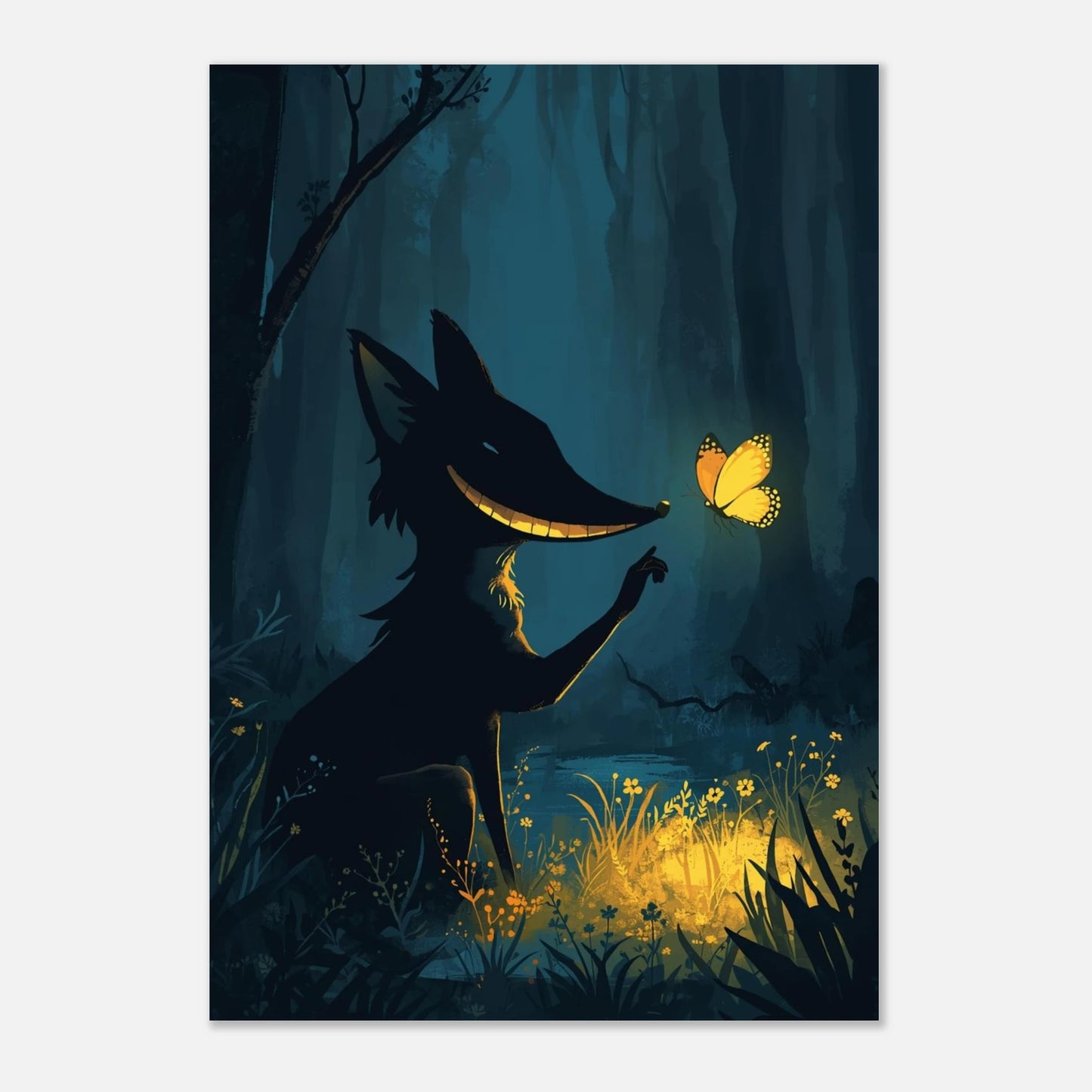 Sagoillustration av en räv med brett leende i en förtrollad skog