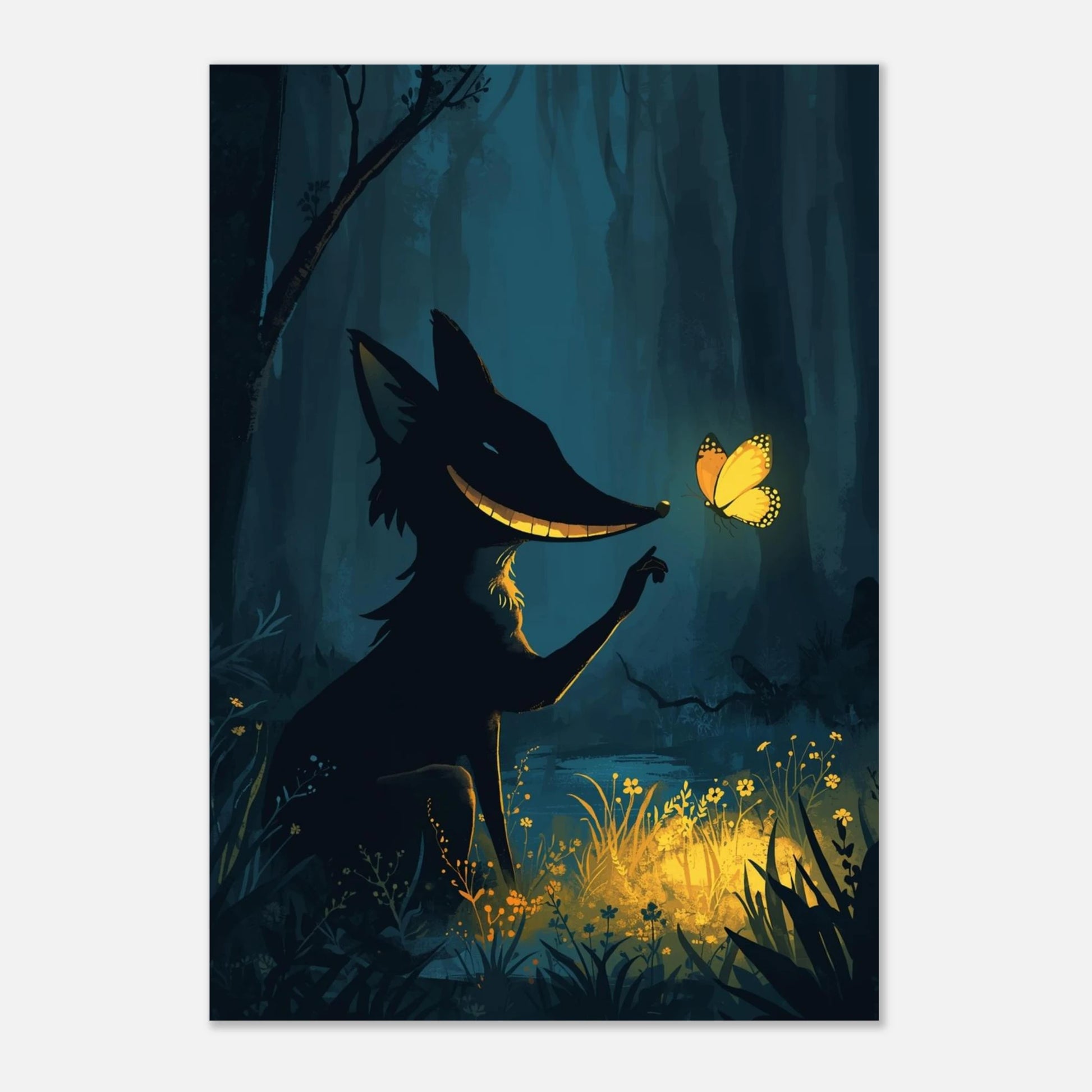 Sagoillustration av en räv med brett leende i en förtrollad skog