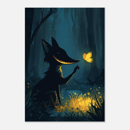 Sagoillustration av en räv med brett leende i en förtrollad skog
