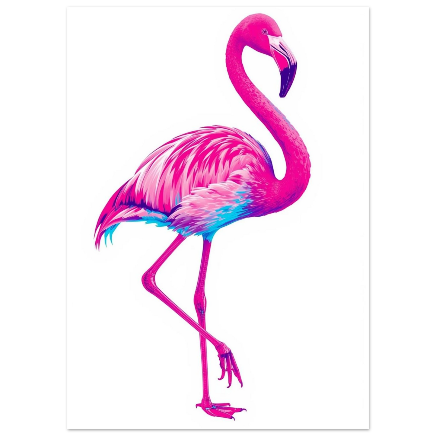 Digital illustration av en flamingo med lysande färgkontraster mot vit bakgrund
