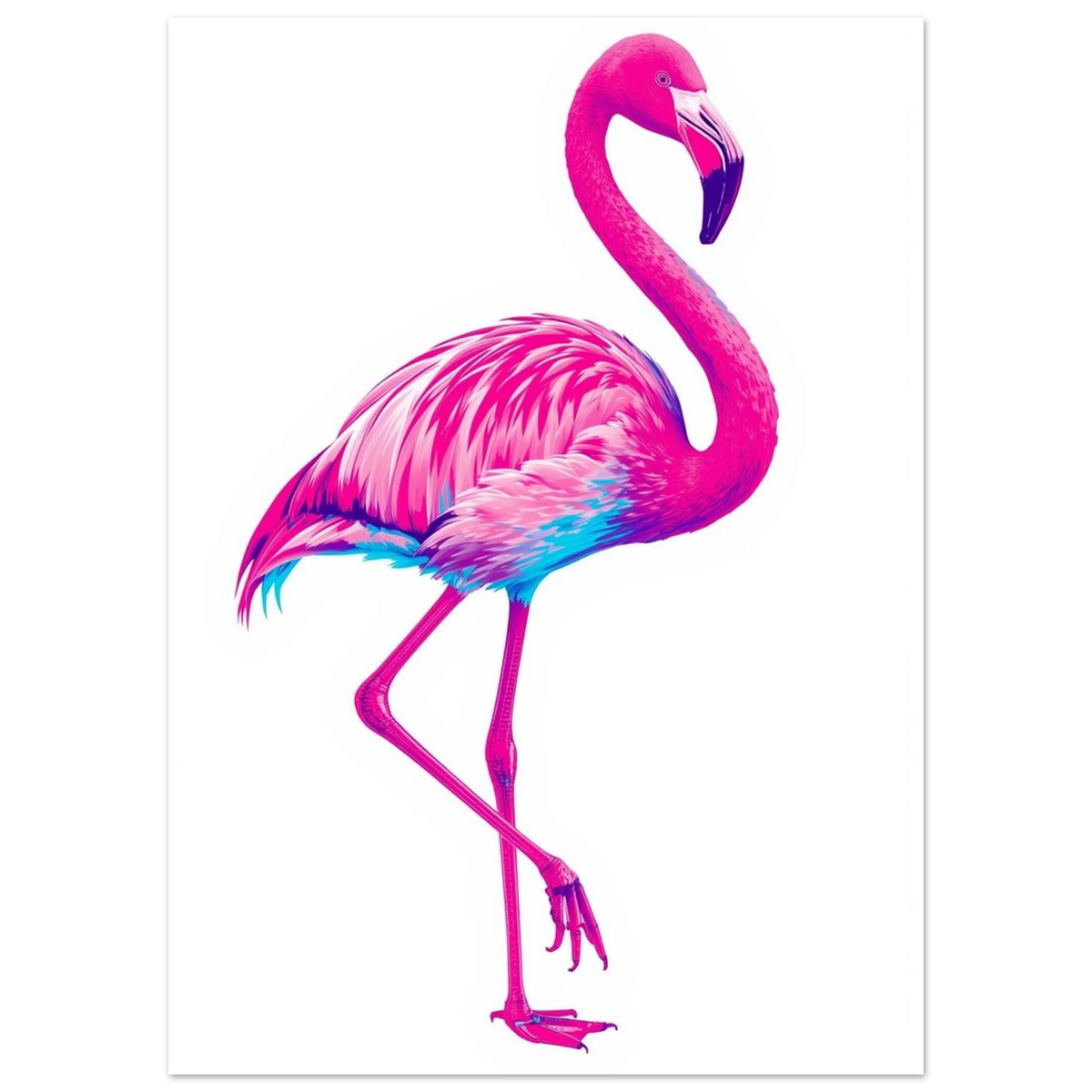 Digital illustration av en flamingo med lysande färgkontraster mot vit bakgrund