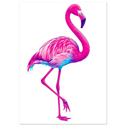 Digital illustration av en flamingo med lysande färgkontraster mot vit bakgrund