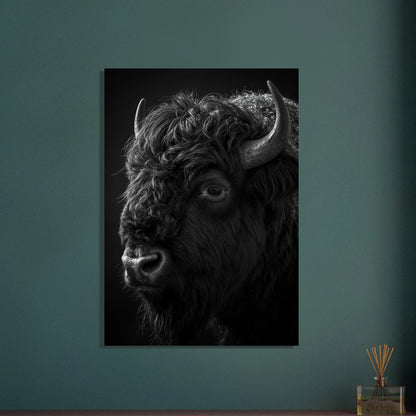 Bisonoxe i svartvitt, närbild, med lugn och kraftfull utstrålning.
