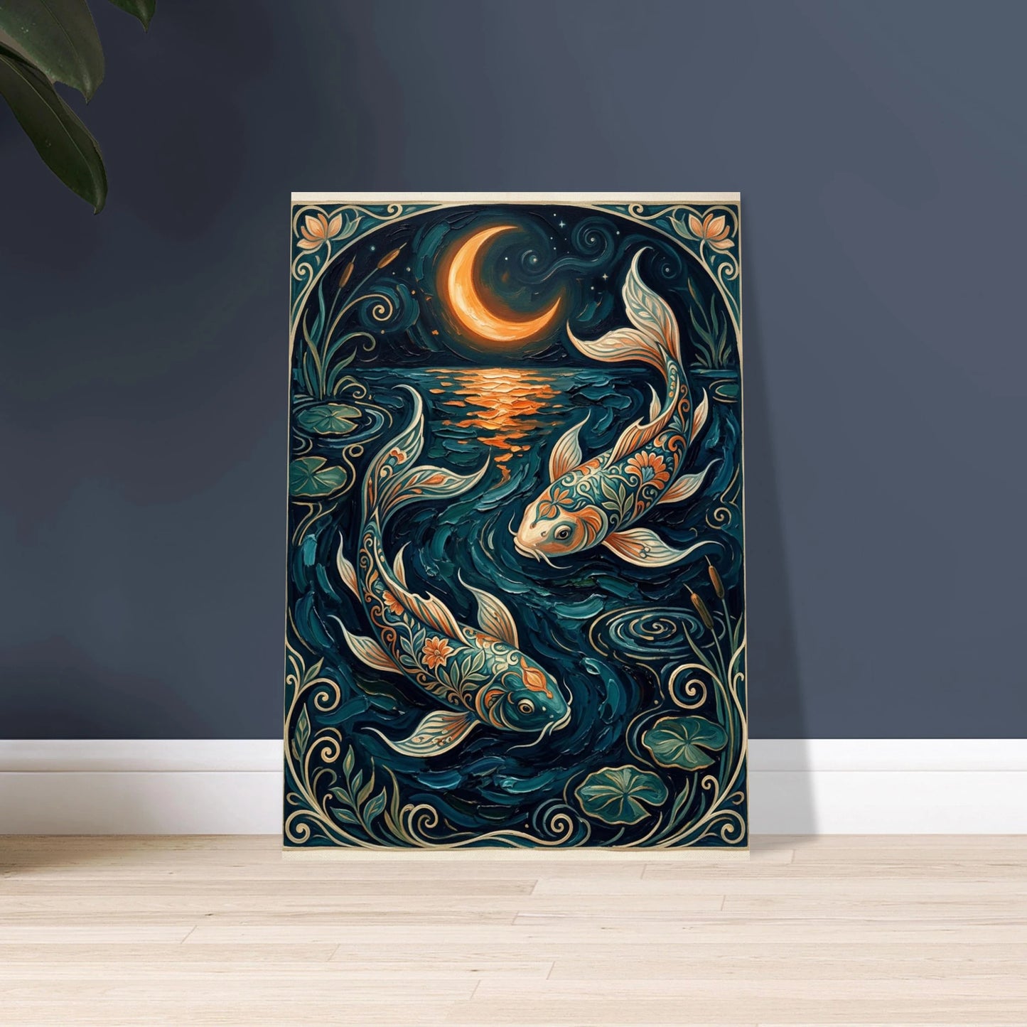 Koi-fiskar under månen i Art Nouveau-stil, oljemålning