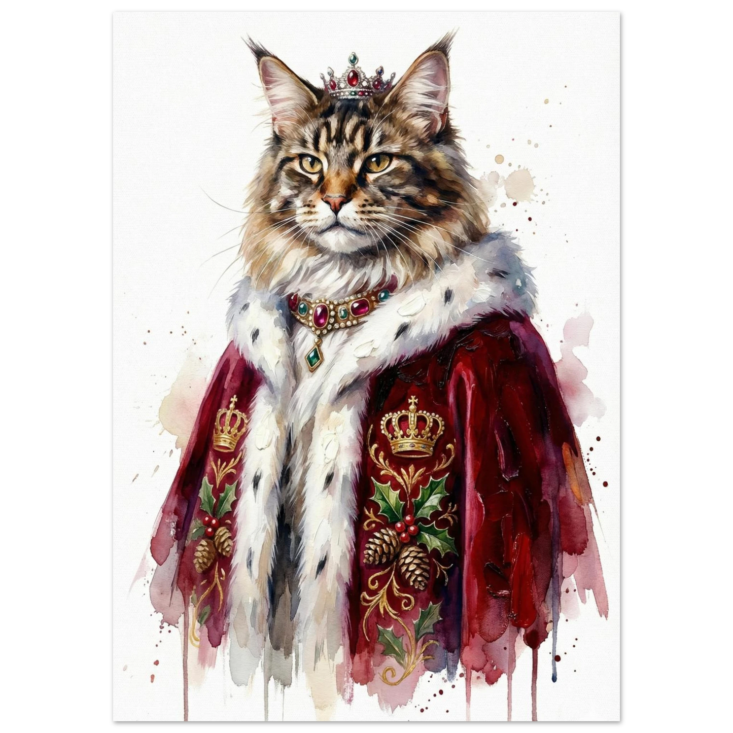 Majestätisk katt i röd kunglig skrud med hermelinpäls – djurmotiv tavla