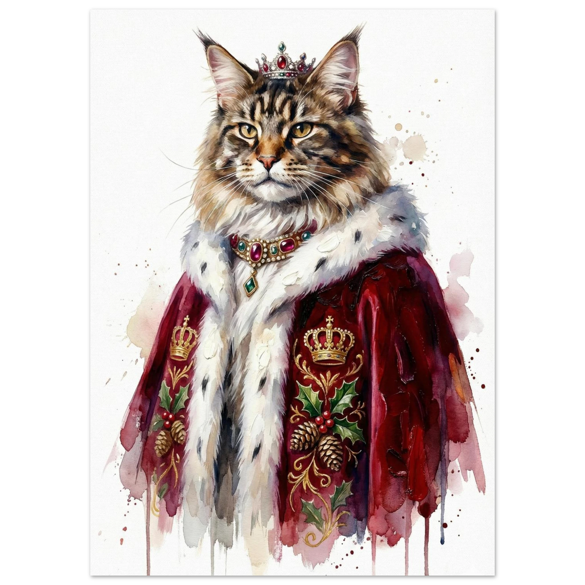 Majestätisk katt i röd kunglig skrud med hermelinpäls – djurmotiv tavla